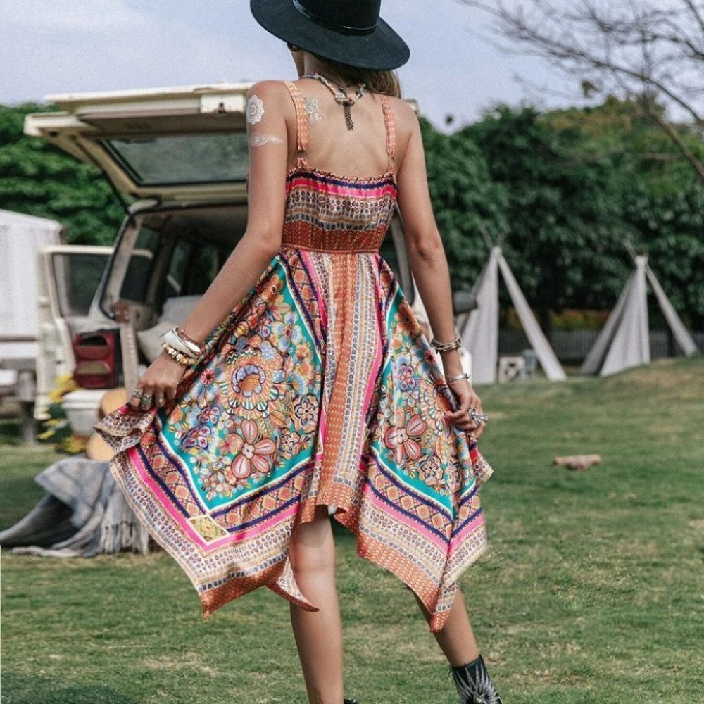 Boho Floral Print Satin Asymmetrical Hem Dress - Picture 7 of 7